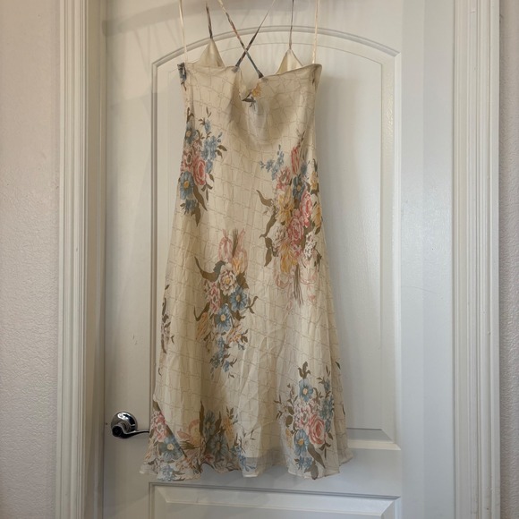 Lauren Ralph Lauren Silk Floral Midi Cream Cowl Neck Summer Sun Dress 12 L - Picture 2 of 12